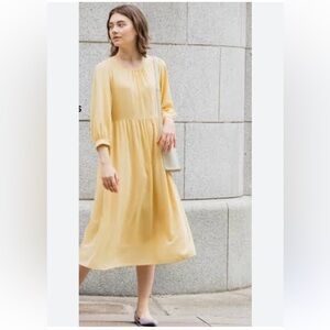 Uniqlo (S) Yellow Midi Flare Georgette 3/4 Sleeve Dress Flowy Feminine Romantic